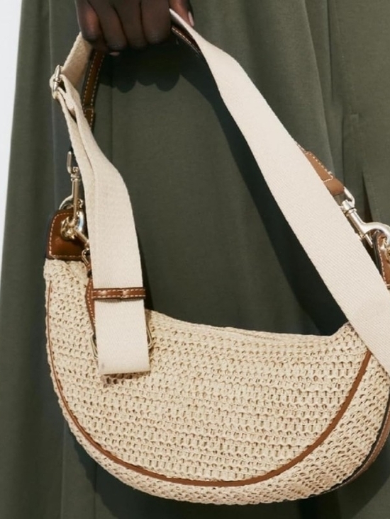 Handbags - Woven Crescent Shoulder Bag in Natural with Cream Strap